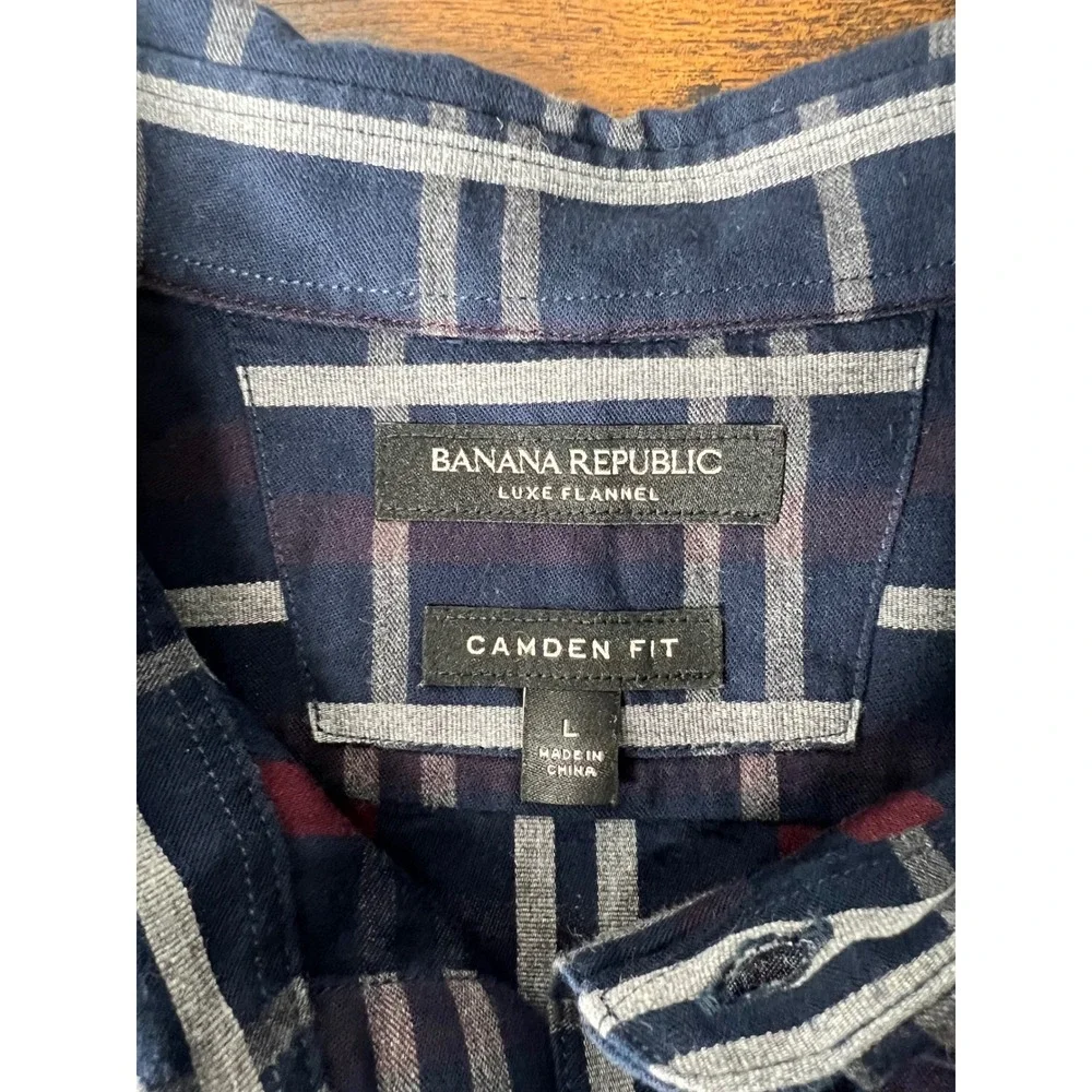 Banana Republic Luxe Camden Fit Flannel Shirt Mens Large Navy Blue Plaid Cotton